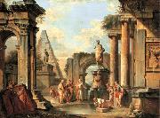 A capriccio of classical ruins with Diogenes throwing away his cup